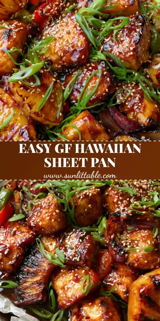 Gluten-free Hawaiian Chicken with Caramelized Pineapple and Glossy Teriyaki Glaze 4 A rustic dark metal sheet pan filled with Gluten-free Hawaiian Chicken, seared chunks, charred pineapple wedges, and glossy dark amber glaze, garnished with sesame seeds and scallions.