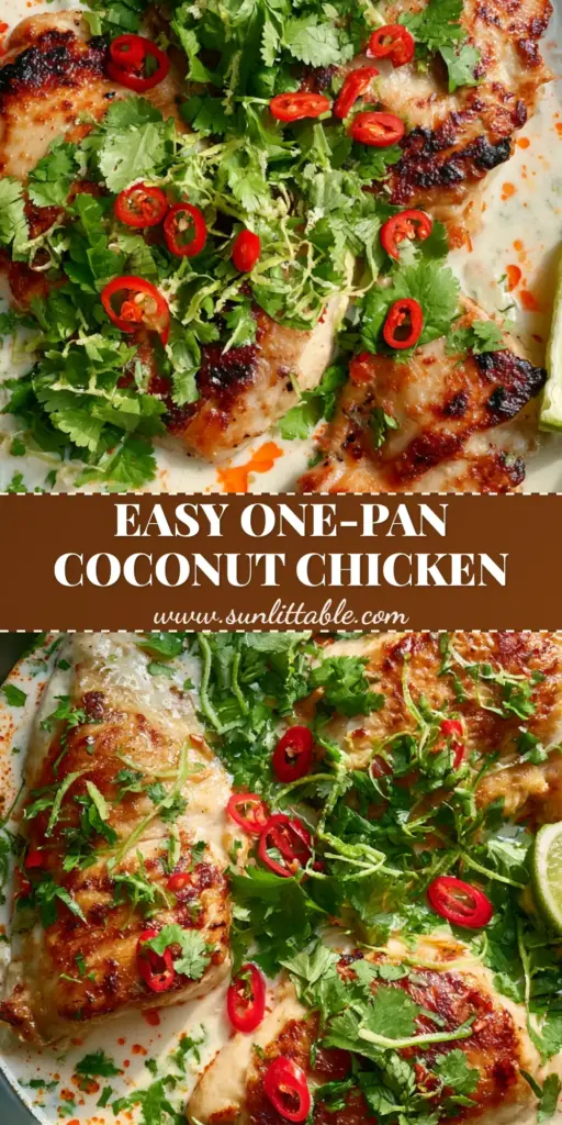 Coconut Chicken Recipe: Creamy Skillet Chicken with Chili Oil & Lime 4 A top-down shot of a coconut chicken recipe in a black skillet with chili oil droplets and lime zest ribbons.