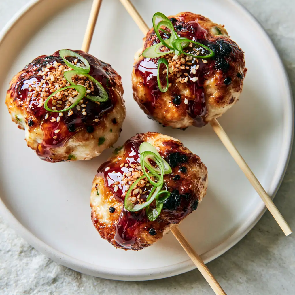 Chicken Tsukune: The Ultimate Air Fryer Japanese Meatball Skewers 1 Top-down view of Chicken Tsukune skewers resting on a neutral ceramic plate with toasted sesame seeds and fresh scallion rings.