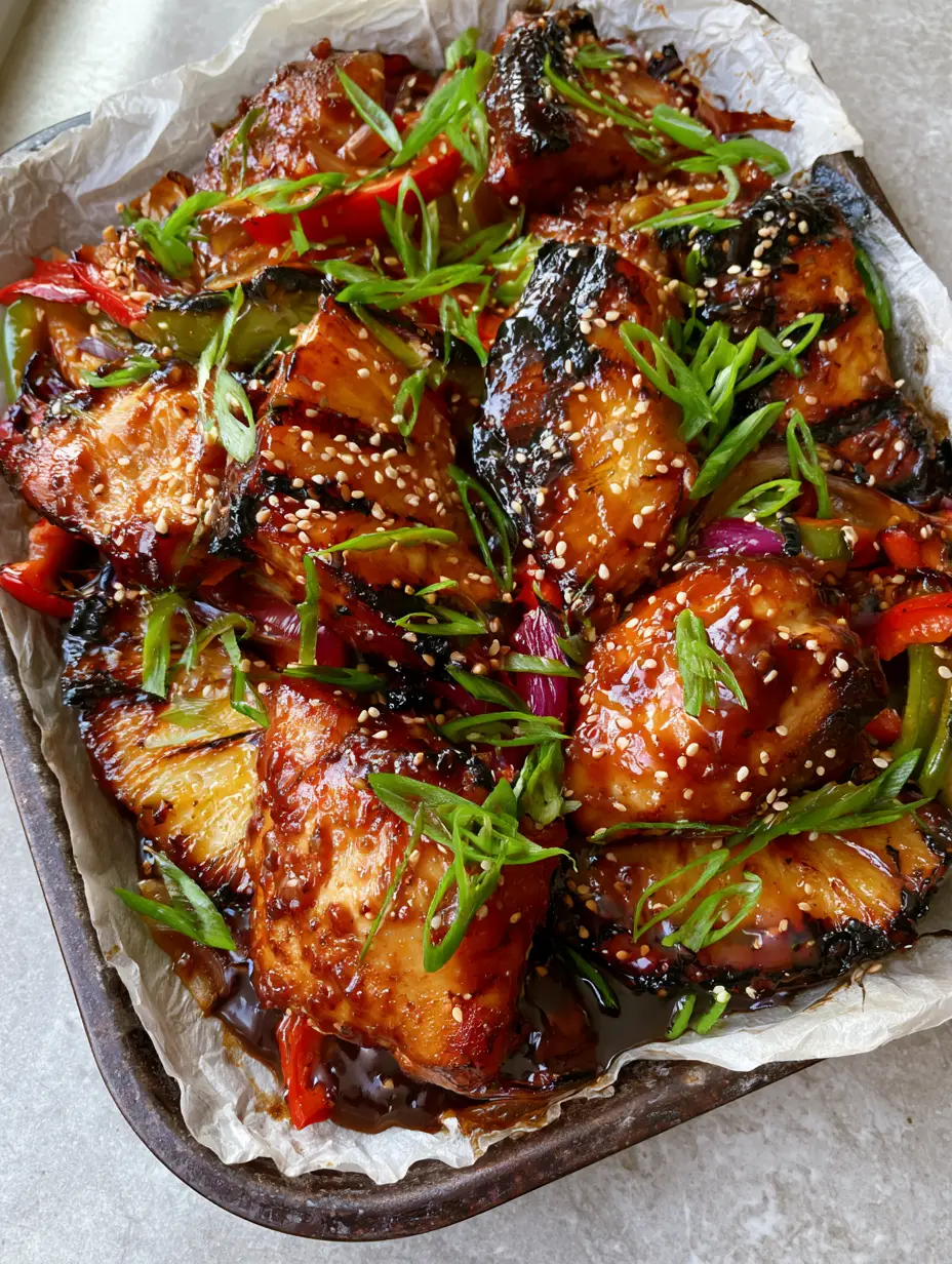Gluten-free Hawaiian Chicken with Caramelized Pineapple and Glossy Teriyaki Glaze 3 Close up handheld photo of succulent seared chicken chunks drenched in glossy amber teriyaki glaze on wrinkled white parchment. (Gluten-free Hawaiian Chicken)
