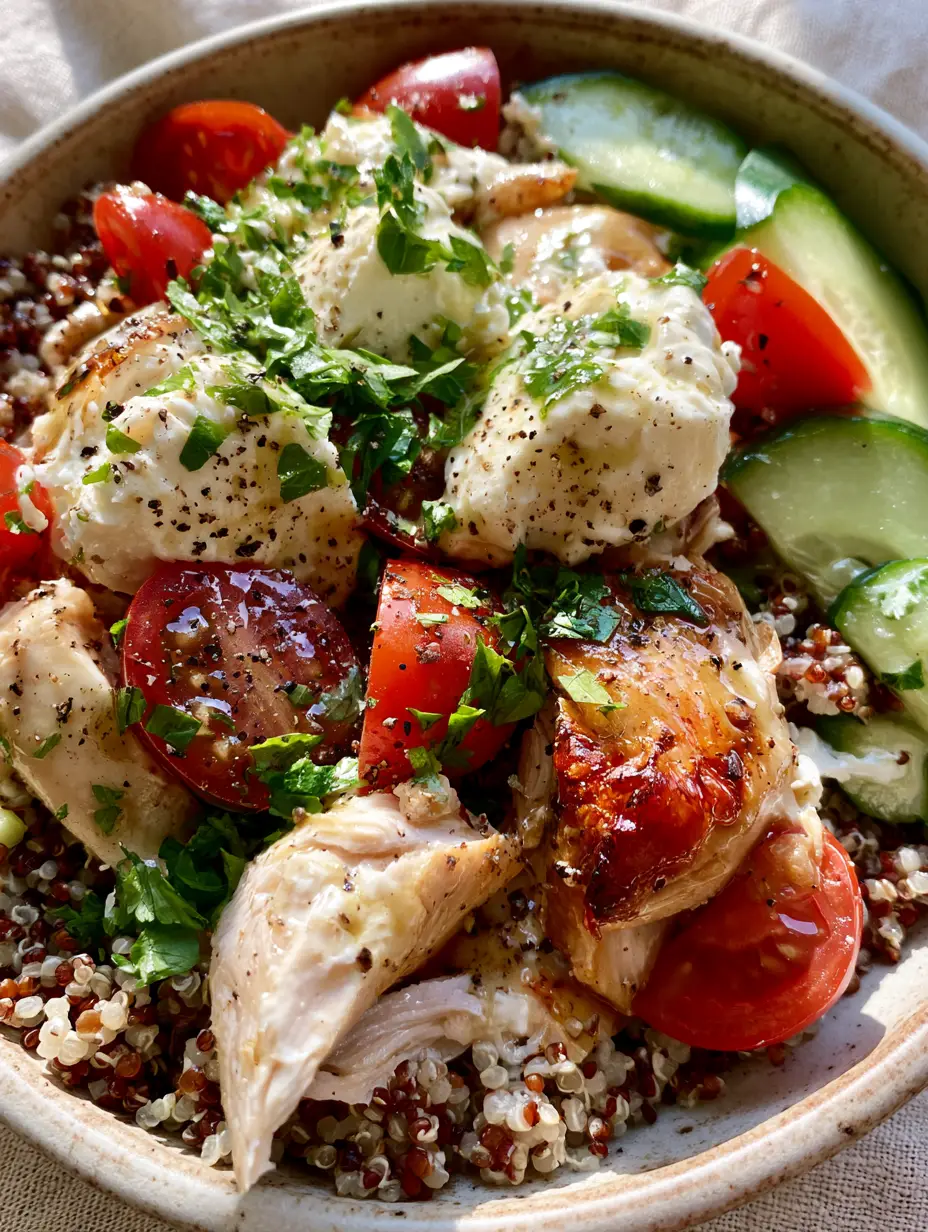 Quinoa Rotisserie Chicken Salad with Lemon-Herb Vinaigrette 3 Overhead close-up of Quinoa Rotisserie Chicken Salad showing white and red quinoa pearls, moist chicken, and red cherry tomatoes.