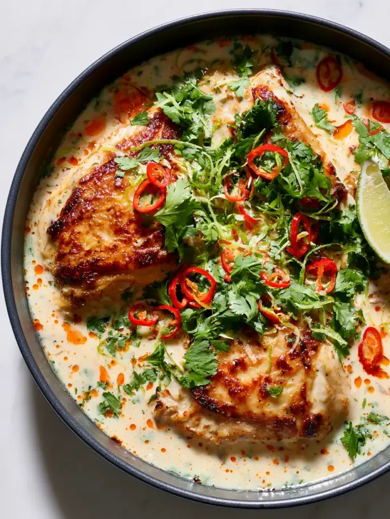 Close-up of golden-brown chicken in white coconut sauce with orange chili oil (coconut chicken recipe).