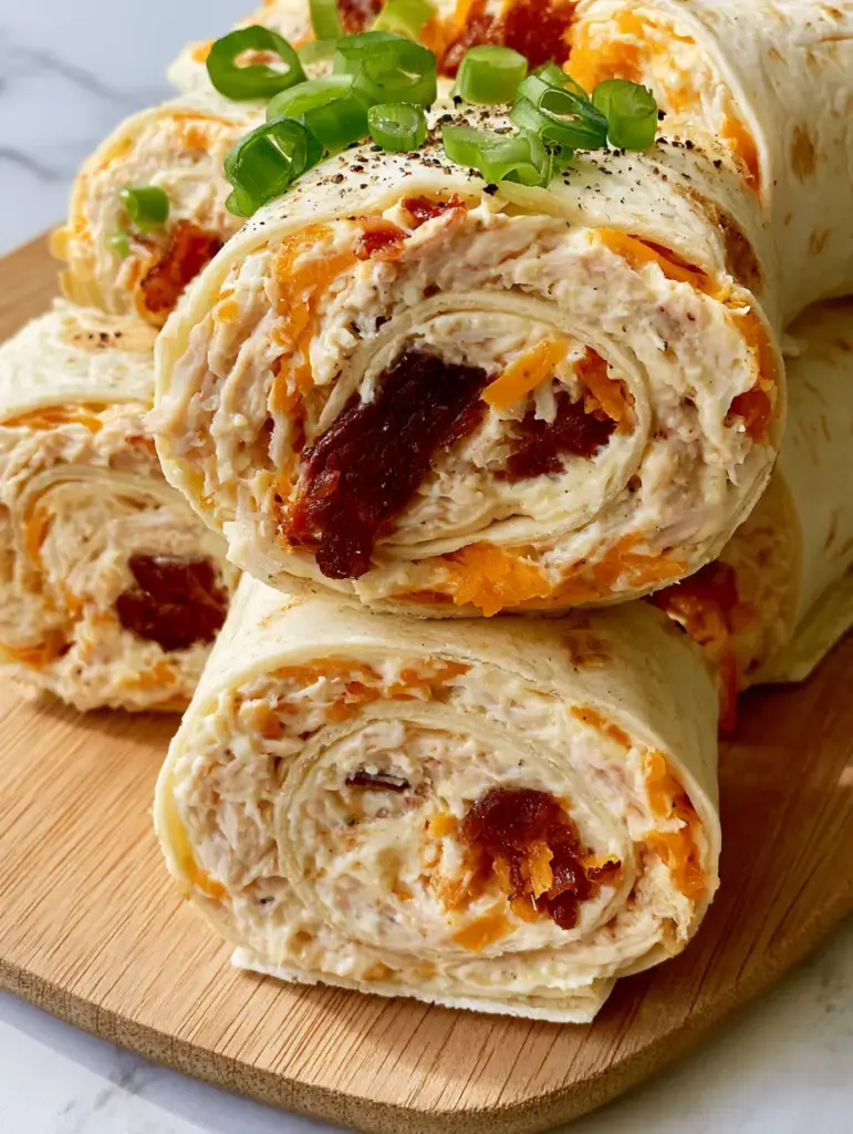 Macro close-up of crack chicken pinwheels with matte cream cheese and dark-amber bacon chunks.