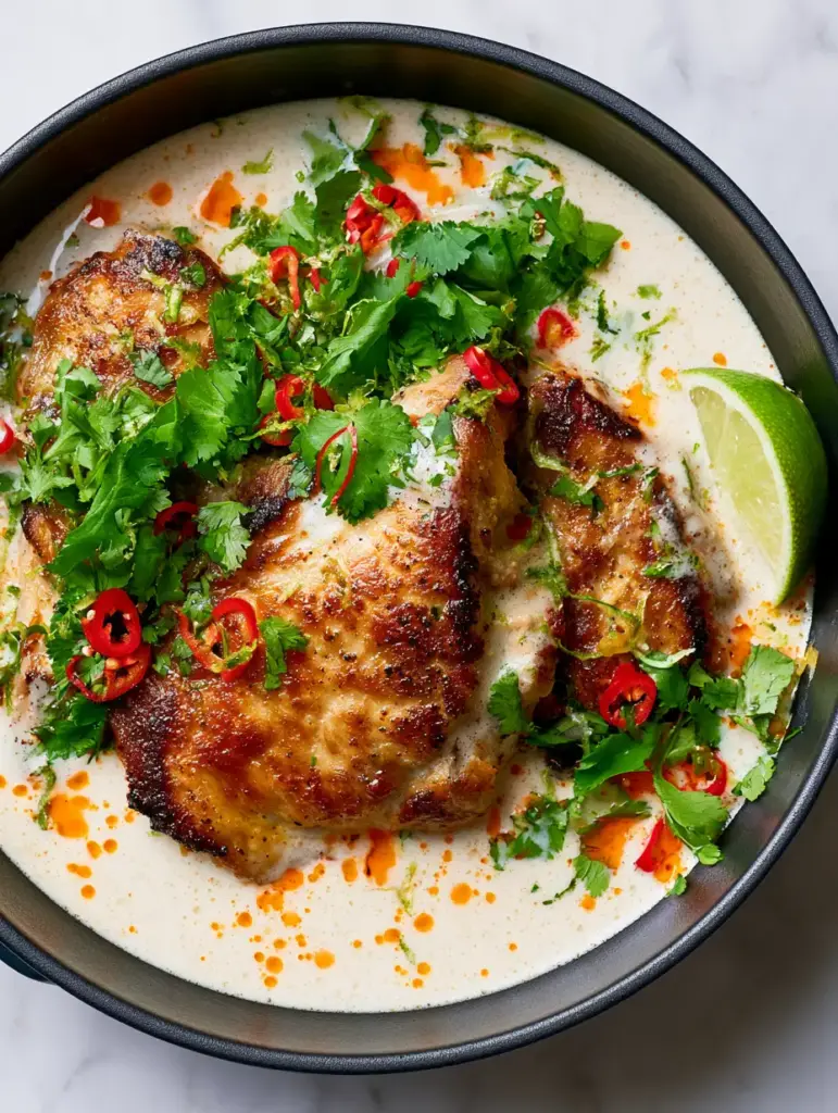 Coconut Chicken Recipe: Creamy Skillet Chicken with Chili Oil & Lime 1 Finished coconut chicken recipe garnished with red chilies, cilantro, and lime zest ribbons in a black pan.