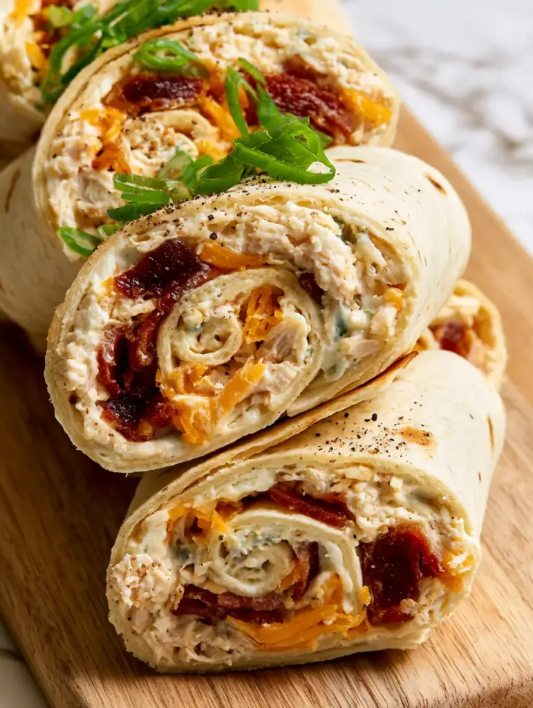 Crack Chicken Pinwheels with Crispy Bacon and Sharp Cheddar 1 Top-down view of crack chicken pinwheels garnished with scallions and cracked black pepper.