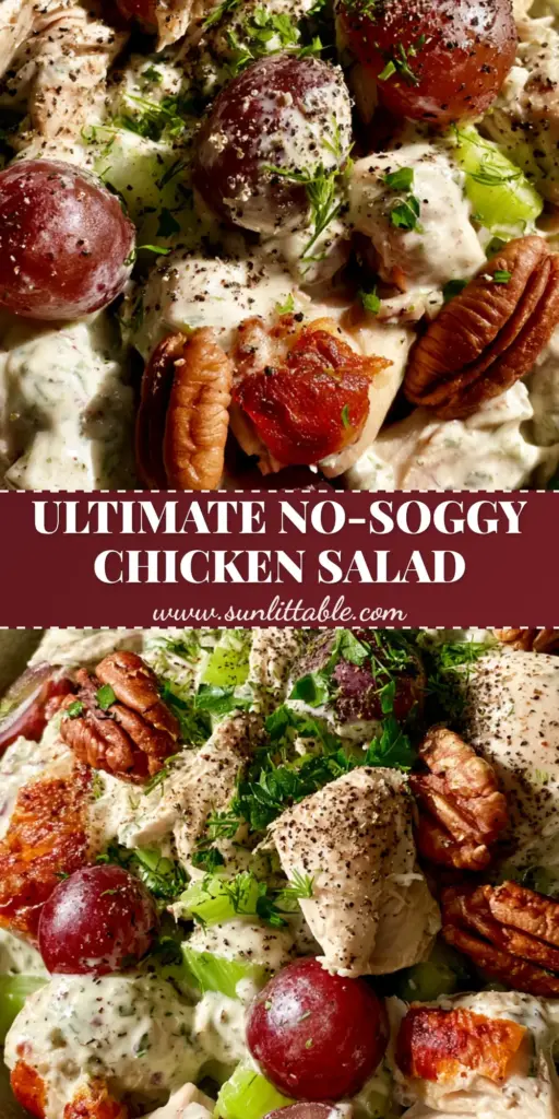 A close-up of a rustic white bowl filled with chunky rotisserie chicken salad with grapes and pecans. (Chicken Salad Recipes)