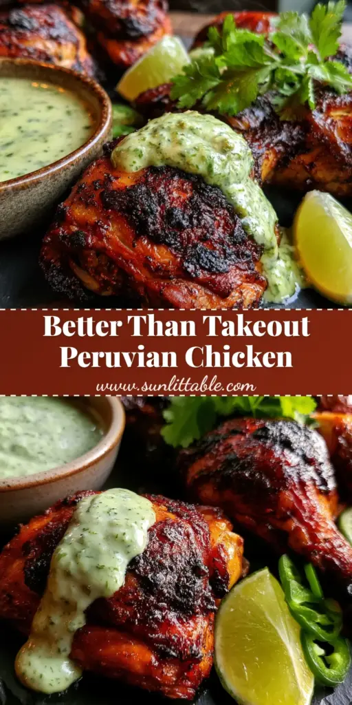 Peruvian Chicken with Crispy Mahogany Skin and Creamy Aji Verde Sauce 4 A close-up of roasted Peruvian Chicken with mahogany skin, a dollop of melting Aji Verde sauce, and lime wedges on a slate platter.