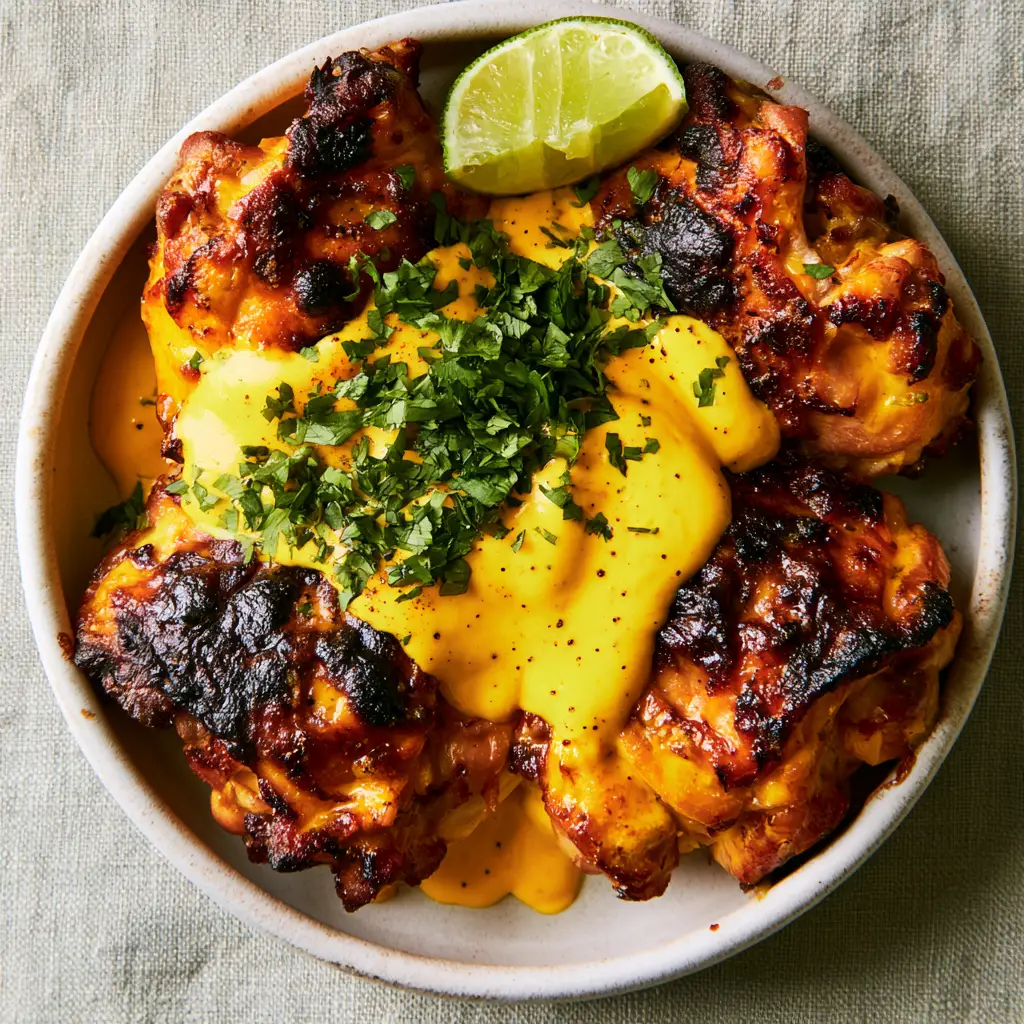 Close up of charred chicken skin with a vibrant golden-orange Aji Amarillo glaze. (Peruvian Amarillo Chicken)